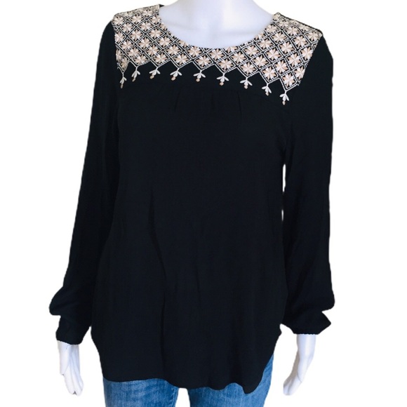 GAP Boho Embroidery Peasant Blouse With Long Sleeves Black/Ivory Size XS - Picture 3 of 15